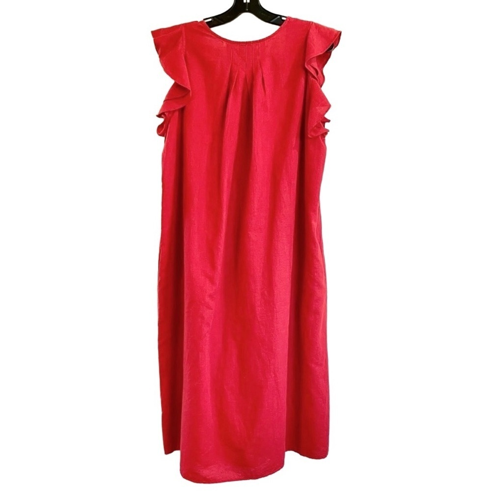 The Great Flutter Tulip Dress Red Linen Blend Ruffle Sleeve Midi Pockets L - Picture 5 of 10